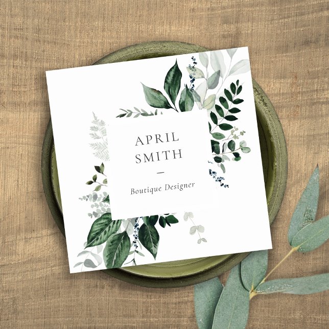 Elegant Modern Green Leafy Tropical Foliage Fern Square Business Card (Creator Uploaded)