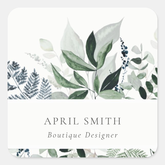 Elegant Modern Green Leafy Tropical Foliage Fern Square Sticker (Front)