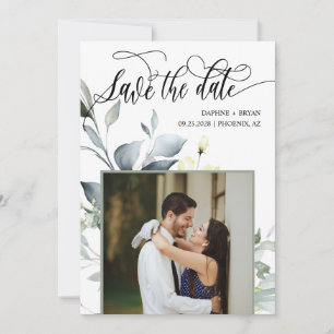 Elegant Modern Green Leaves QR Code Photo Wedding Save The Date