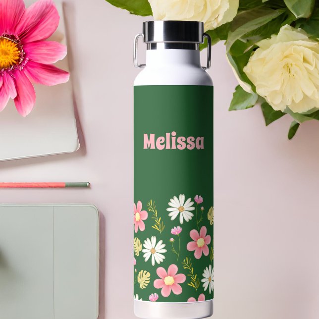 Elegant Modern Green Pink Floral Water Bottle (Creator Uploaded)