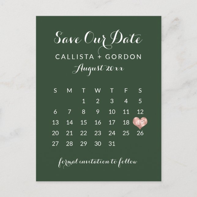 Elegant Modern Green Rose Gold Heart Calendar Announcement Postcard (Front)