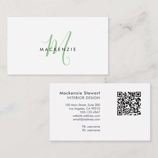 Elegant Modern Green Script Monogram QR Code Business Card (Front/Back)