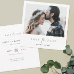 Elegant Modern Green Script Photo Wedding  Save The Date<br><div class="desc">This simply chic square photo wedding save the date card template features an elegant, minimalist, modern design. Please browse our shop for versions of this design in a rectangular format in flat card, postcard and magnet formats in various colours! The front features your first names under your favourite photo and...</div>