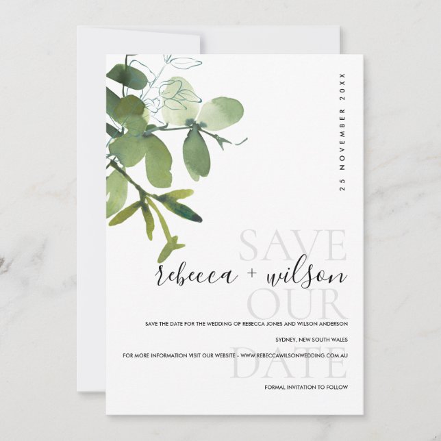 ELEGANT MODERN GREEN WHITE EUCALYPTUS WATERCOLOR SAVE THE DATE (Front)