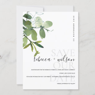 ELEGANT MODERN GREEN WHITE EUCALYPTUS WATERCOLOR SAVE THE DATE