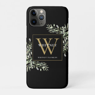 Elegant Modern Greenery Black Gold Monogram iPhone 11 Pro Case
