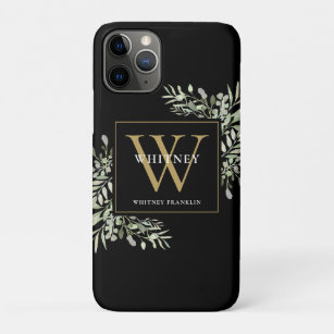 Elegant Modern Greenery Black Gold Monogram  Case-Mate iPhone Case