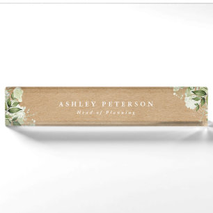 Elegant Modern Greenery Floral Rustic Kraft Nameplate
