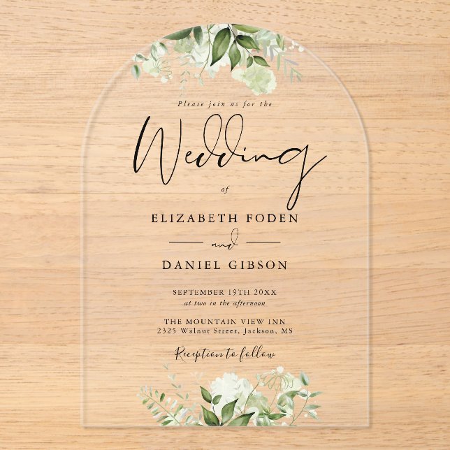 Elegant Modern Greenery Floral Wedding Arch Acrylic Invitations (Front)