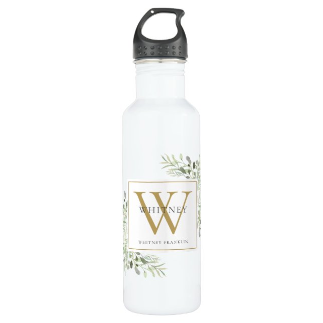 Elegant Modern Greenery Gold Monogram 710 Ml Water Bottle (Front)