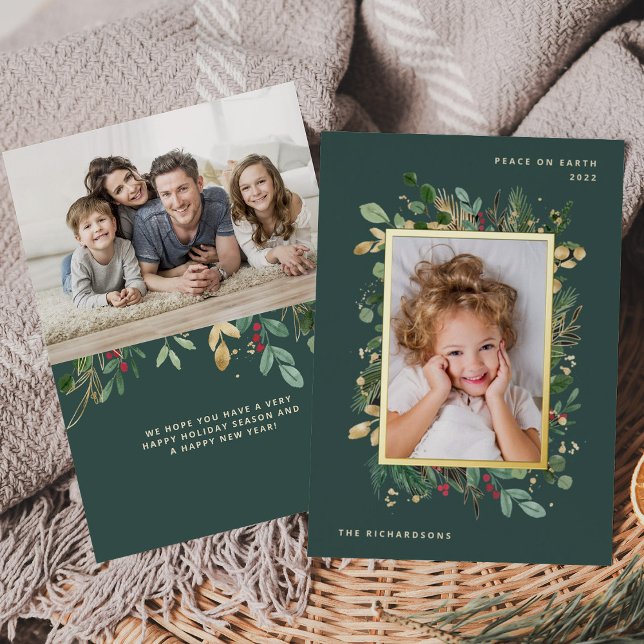 Elegant Modern Greenery | Green with Two Photos Foil Holiday Card (Creator Uploaded)