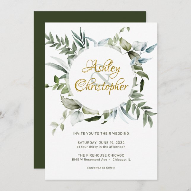 Elegant Modern Greenery Script Wedding Invitation (Front/Back)