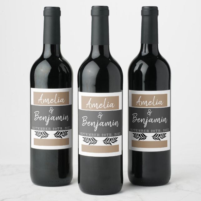 Elegant Modern Grey Beige Script Wedding Wine Label (Bottles)