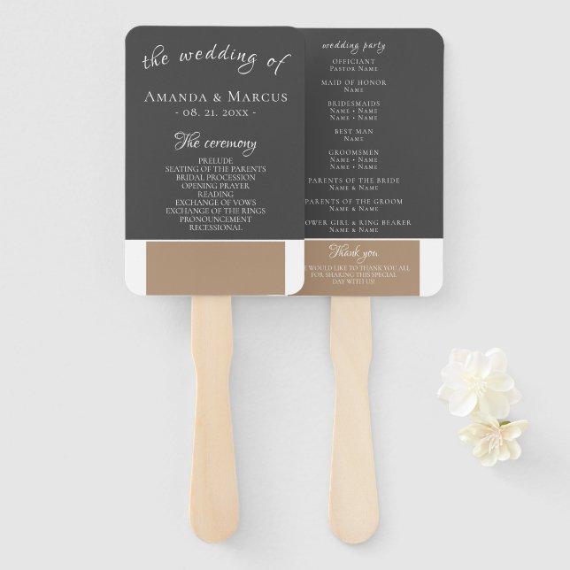 Elegant Modern Grey Beige Wedding Program Hand Fan (Front and Back)