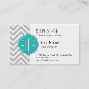 Elegant Modern Grey Chevron and Mint Monogram Business Card