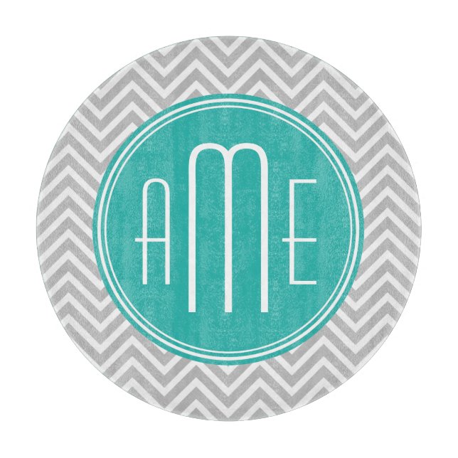 Elegant Modern Grey Chevron and Mint Monogram Cutting Board (Front)