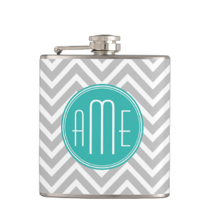 Elegant Modern Grey Chevron and Mint Monogram Hip Flask