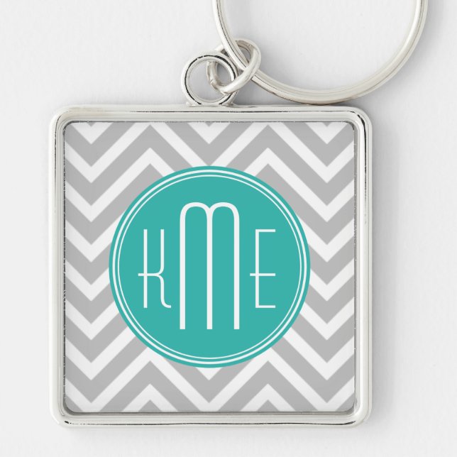Elegant Modern Grey Chevron and Mint Monogram Keychain (Front)