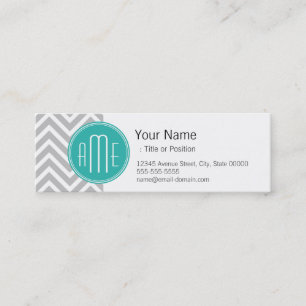 Elegant Modern Grey Chevron and Mint Monogram Mini Business Card