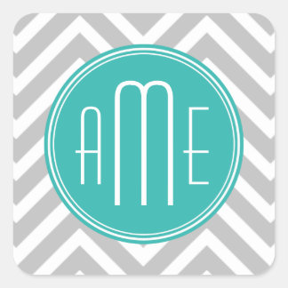 Elegant Modern Grey Chevron and Mint Monogram Square Sticker