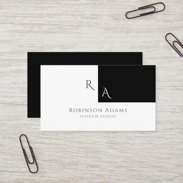 Elegant Modern Half Black Half White Monogrammed Business Card (Front/Back In Situ)