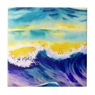 Elegant modern hand painted Ocean Wave Sunlight Tile