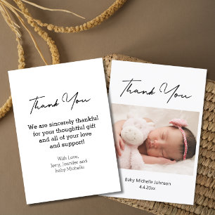 elegant modern hand script newborn girl photo thank you card