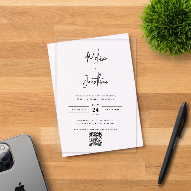 Elegant Modern Handwriting Script QR code Wedding Acrylic Invitations (Insitu (Invitation Card))