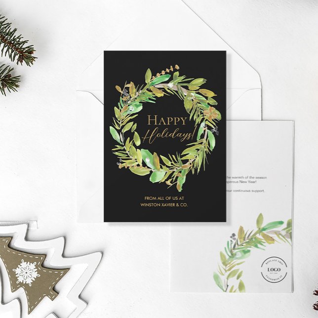 Elegant Modern Happy Holidays Wreath Corporate Holiday Card (Happy Holidays corporate logo Christmas card)
