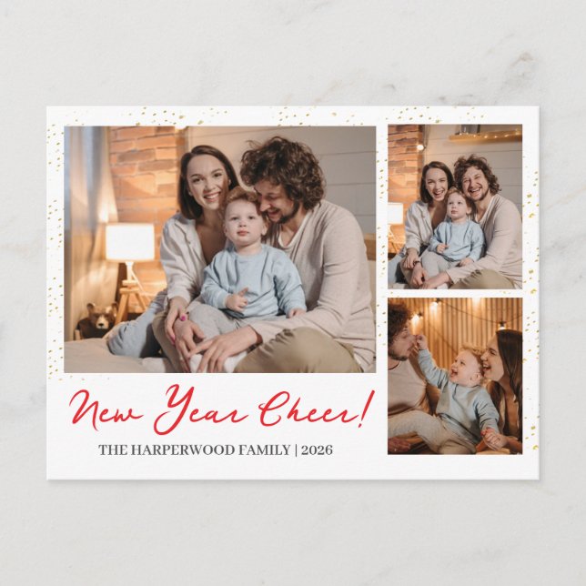 Elegant Modern Happy New Year 3 Multi Photo Holiday Postcard (Front)
