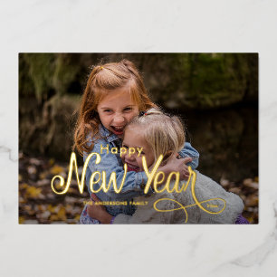 Elegant Modern Happy New Year 3 Photos Script  Foil Holiday Card