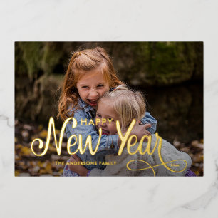Elegant Modern Happy New Year 3 Photos Script Foil Holiday Card
