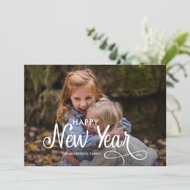 Elegant Modern Happy New Year 3 Photos Script  Hol Holiday Card (Standing Front)