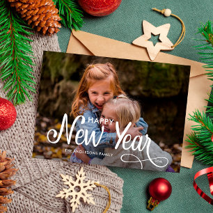 Elegant Modern Happy New Year 3 Photos Script Hol Holiday Card