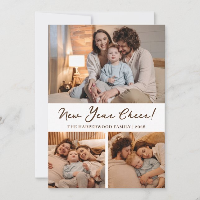 Elegant Modern Happy New Year Black 3 Collage Holiday Card (Front)