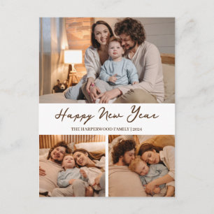 Elegant Modern Happy New Year Black 3 Collage Holiday Postcard