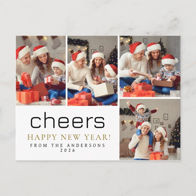 Elegant Modern Happy New Year Family 4 Photo Holiday Postcard (Front)