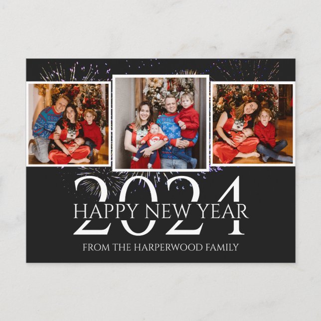 Elegant Modern Happy New Year Three Photo Holiday Postcard (Front)