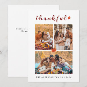 Elegant Modern Happy Thanksgiving Autumn 3 Photo Holiday Card