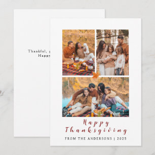 Elegant Modern Happy Thanksgiving Autumn 3 Photo Holiday Card
