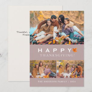 Elegant Modern Happy Thanksgiving Autumn 3 Photo Holiday Card
