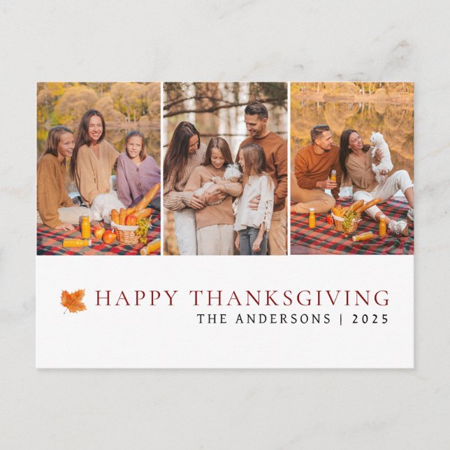 Elegant Modern Happy Thanksgiving Autumn 3 Photo Holiday Postcard (Front)