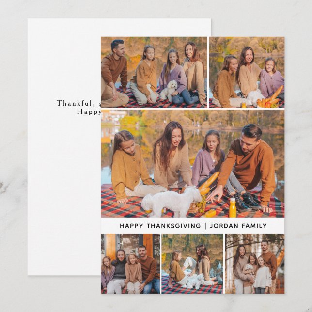 Elegant Modern Happy Thanksgiving Autumn 6 Photo Holiday Card (Front/Back)