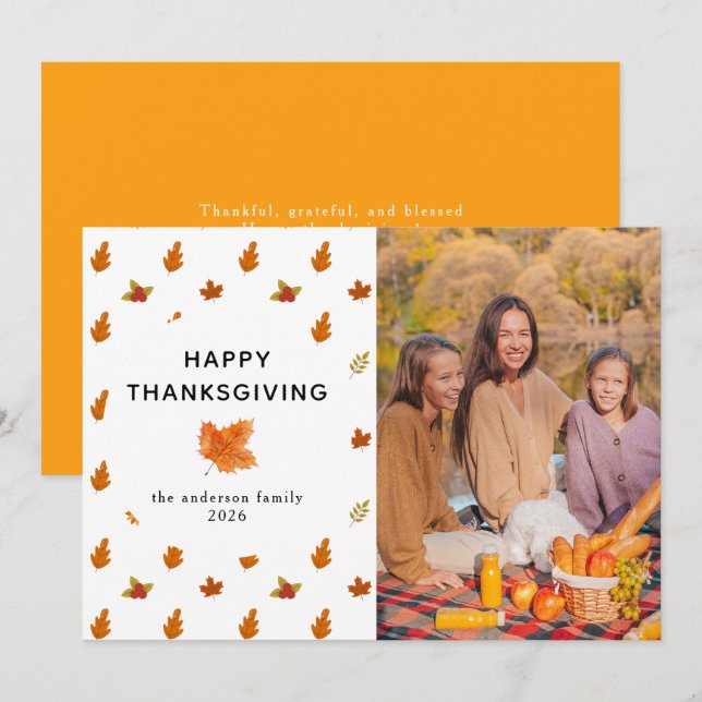 Elegant Modern Happy Thanksgiving Autumn Photo Holiday Card (Front/Back)