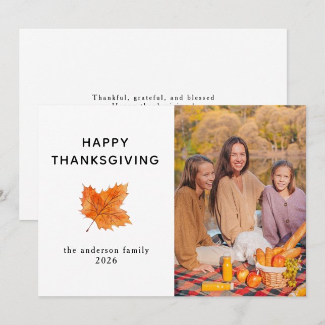 Elegant Modern Happy Thanksgiving Autumn Photo Holiday Card (Front/Back)