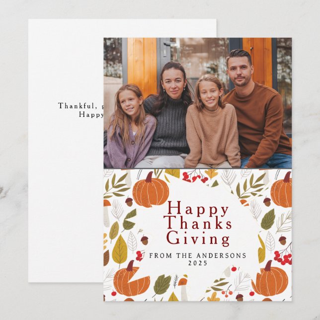 Elegant Modern Happy Thanksgiving Autumn Photo Holiday Card (Front/Back)