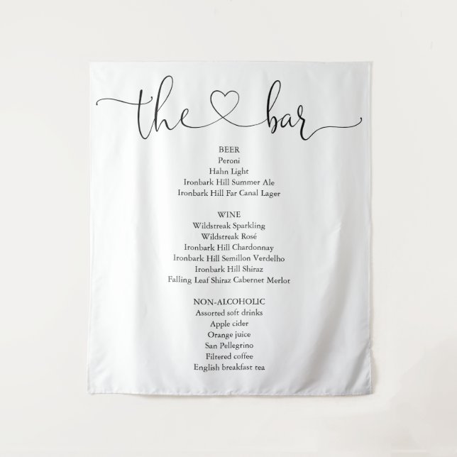 Elegant Modern Heart Script Bar Menu Tapestry (Front)