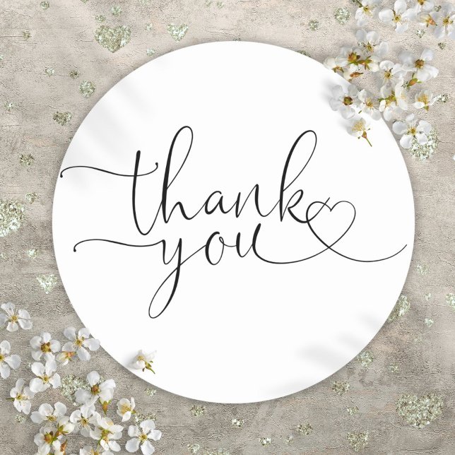 Elegant Modern Heart Script Thank You Classic Round Sticker (Elegant Modern Heart Script Thank You Classic Round Sticker)
