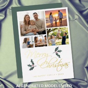 Elegant Modern Holly Photo Collage Christmas Foil Holiday Card