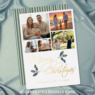 Elegant Modern Holly Photo Collage Christmas Foil Holiday Card